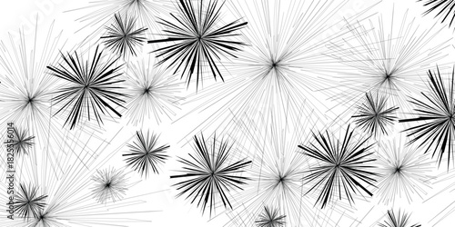 Abstract black and white digital art featuring multiple starburst explosions composed of radiating lines on a clean white background.