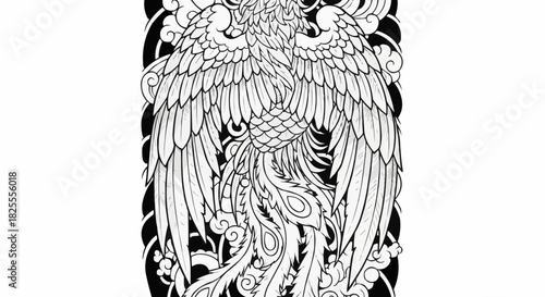Detailed Phoenix Illustration - Majestic Bird with Intricate Feather Design.