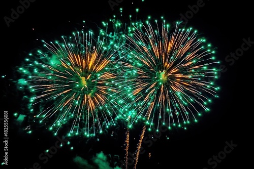 Two vibrant green and orange fireworks exploding against a dark night sky, creating a festive and celebratory atmosphere