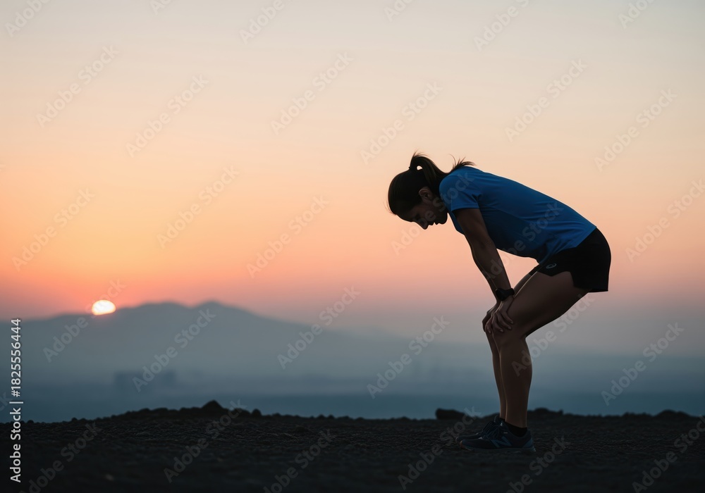 Naklejka premium Female athlete resting after intense run at sunset, hands on knees
