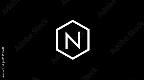 Modern Geometric Letter N in White Hexagon Outline on Black Background, Minimalist Design Element