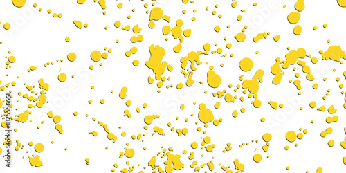 Abstract background of vibrant yellow paint splatters and drops scattered across a clean white surface.
