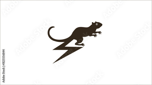 Black silhouette of an agile rodent running on a lightning bolt symbol, representing speed, power, and quickness. Graphic icon illustration.