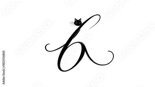 Elegant calligraphic letter L initial with a cute black cat head peeking, stylish handwritten script alphabet typography design.