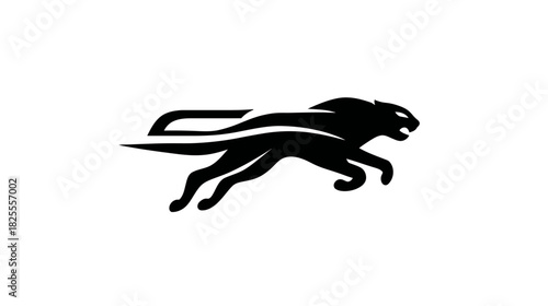 Stylized black silhouette of a powerful leaping panther or cougar, symbolizing speed, strength, and agility, isolated on white.