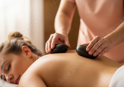 Relaxed woman enjoying hot stone massage therapy at a luxurious spa