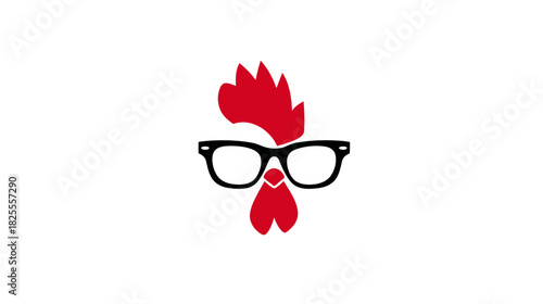 Quirky cartoon rooster head with spectacles. Clever chicken character wearing funny eyeglasses, isolated on white background.