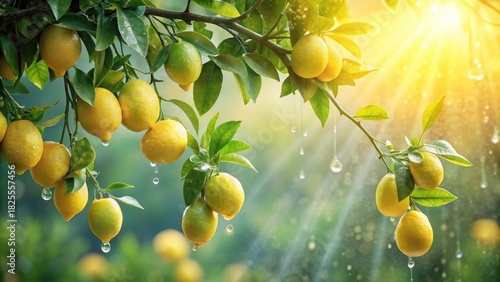 Lush Lemon Orchard Branch with Ripe Fruit Glistening in Sunlight After a Refreshing Rain Shower