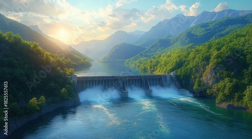 Sunlit concrete dam releasing misty rushing water into a serene blue reservoir surrounded by lush green forested mountains and a glowing sunrise, peaceful and majestic