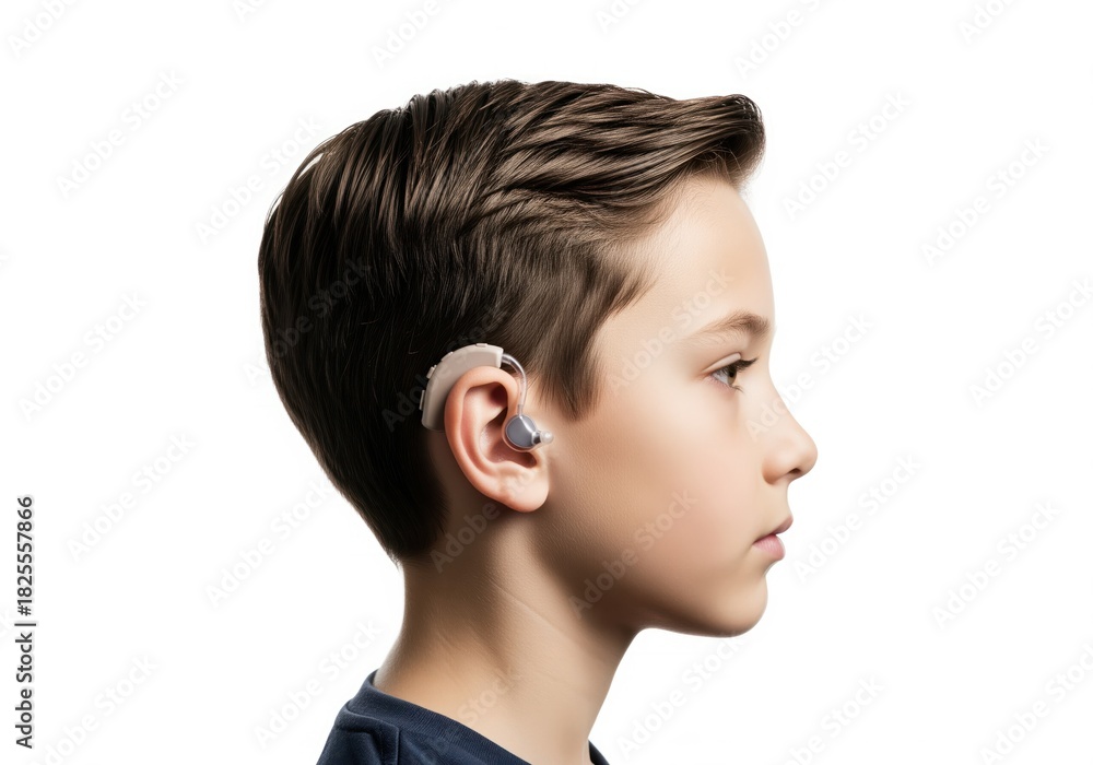 Fototapeta premium Young boy profile with modern hearing aid for improved hearing