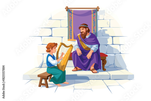 David Playing the Harp for King Saul: A Biblical Scene of Comfort and Music Therapy in an Ancient Setting Depicted Artistically
