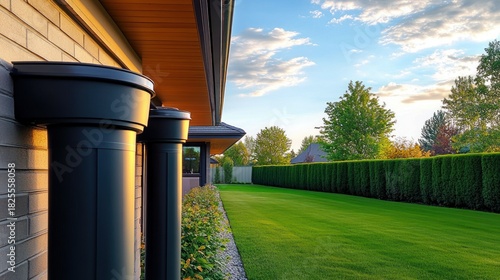 Wallpaper Mural Serene suburban side yard with brick house, black rain downspouts, gravel planting strip, manicured green lawn, trimmed hedge, trees and golden hour sky Torontodigital.ca
