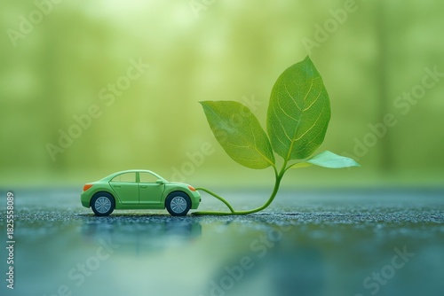 small green toy car connected to a sprouting two-leaf plant on a wet reflective surface with soft green bokeh, serene hopeful eco friendly scene