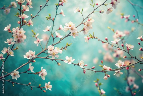 Delicate Spring Blossoms on Branches Against a Soft Teal Background, a Symbol of Renewal and Natural Beauty