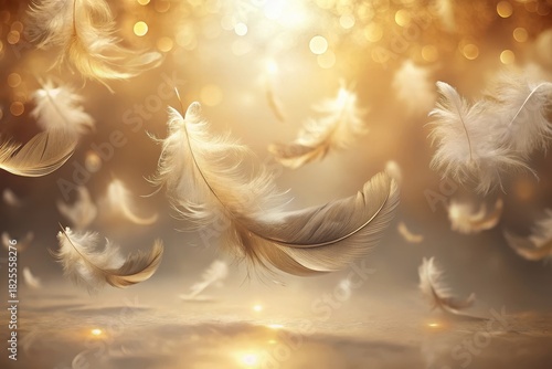 Golden Hour Feathers An ethereal display of delicate plumes floating in soft, warm light, creating a serene and peaceful atmosphere.
