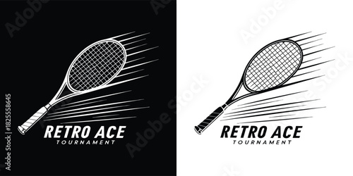 Retro ace tournament logo with tennis racket and motion lines, presented in both black and white versions for versatile design applications