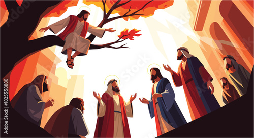 The Story of Zacchaeus in Jericho: Jesus and the Tax Collector, a Dramatic Illustration of Biblical Narrative and Faith with Vibrant Autumnal Colors
