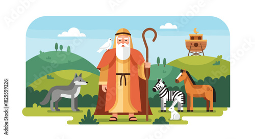 Noah's Ark: Illustration of Noah with Animals, Featuring Wolf, Zebra, Horse and Rabbit Before the Ark on a Hill