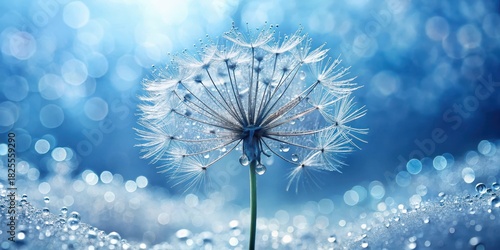 A Delicate Dandelion Seed Head Glistening with Morning Dew, a Serene Blue Backdrop of Sparkling Water Droplets