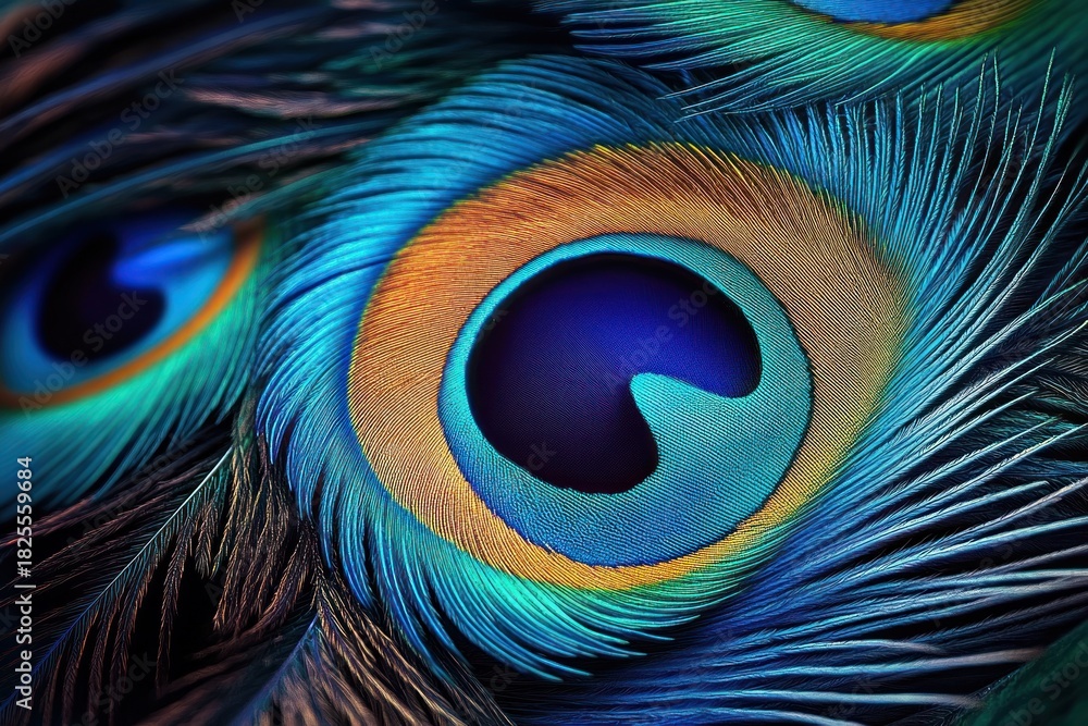Obraz premium Close-up of vibrant blue, green, and gold peacock feathers with intricate patterns and fine delicate strands highlighting natural beauty