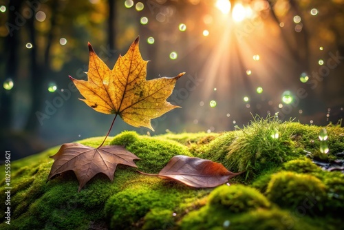 Golden Autumn Leaf Resting on Lush Green Moss with Sparkling Light Effects