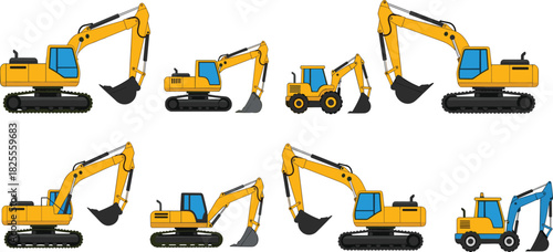 Construction vehicles vector set, excavators and backhoe loaders, side view illustration for building, machinery, industry, and engineering