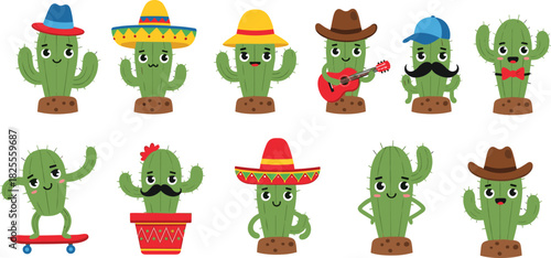 Cartoon cactus characters with hats, props, and expressions, playful vector illustration for kids, decor, education, humor, and design
