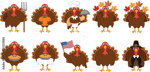 Cartoon turkeys, Thanksgiving theme, harvest, autumn leaves, pilgrim, chef, patriotic, pie, pumpkin, funny birds, holiday celebration