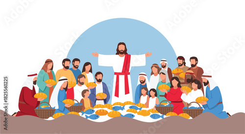 Jesus Feeds the Multitude: Illustration of Biblical Miracle with Bread and Fish Shared Amongst the Crowd in Christian Scripture Art
