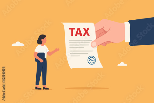 income tax burden or wealth tax, businesswoman holding saving bank looking at tax bills, financial charge and duty to pay for government, wealth management concept vector illustration