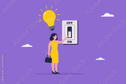 turn on creative light bulb idea, businesswoman turns on the switch to activate the light bulb idea, critical thinking or emotional intelligence, wisdom using knowledge or mindset