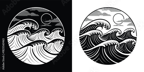 Ocean wave illustration with moon and sun graphic design
