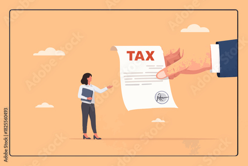 income tax burden or wealth tax, businesswoman holding saving bank looking at tax bills, financial charge and duty to pay for government, wealth management concept vector illustration