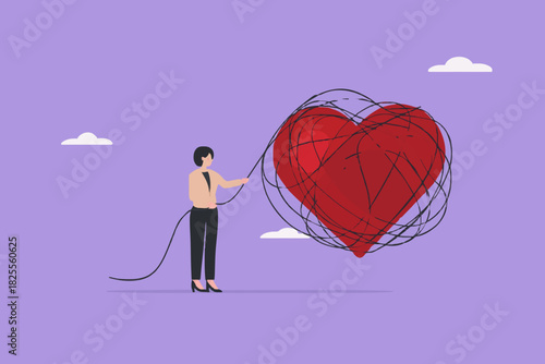 mood reset, relieve stress or fatigue, eliminate problems that hinder a good mood, woman removes messy lines on the heart to restore a good mood