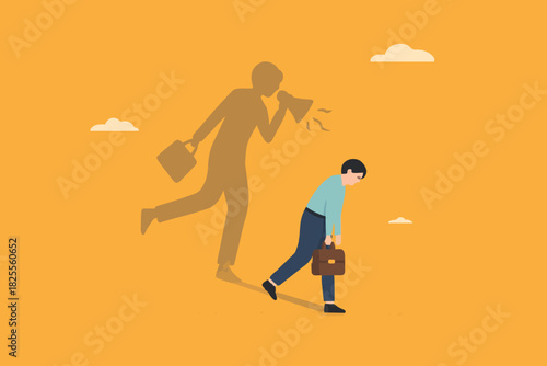 businesswoman shadow yelling to himself with megaphone concept illustration, negative critic thinking to blame your self, depressed businesswoman self shadow blame with megaphone illustration