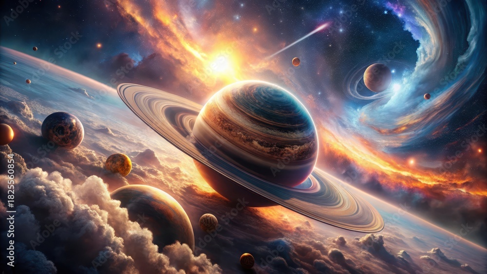 Obraz premium A Majestic Ringed Planet Dominates a Vibrant Cosmic Landscape Featuring Numerous Celestial Bodies and Swirling Nebulae