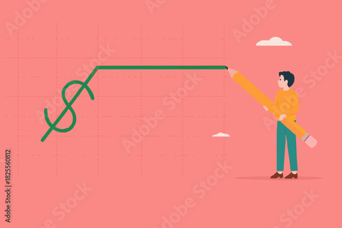 stock price rising up, business woman draws a graph of rising stock prices with a pencil concept vector illustration