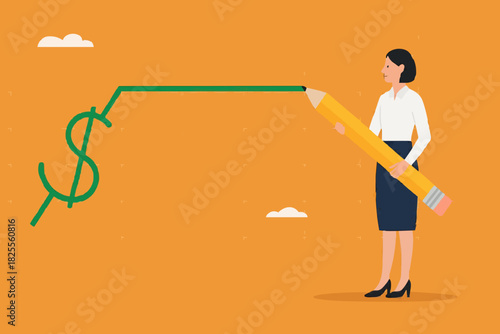 stock price rising up, business woman draws a graph of rising stock prices with a pencil concept vector illustration