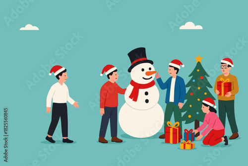 business people preparing for Christmas celebrations flat design vector illustration, office christmas party cartoon, corporate christmas party, suitable for celebrate christmas day moment