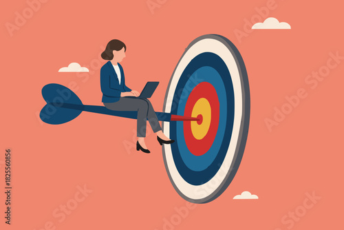 businesswoman working while sitting on a dart stuck in a target board. work on business objective. motivation to achieve goal. focus on business, business objective and strategy concept