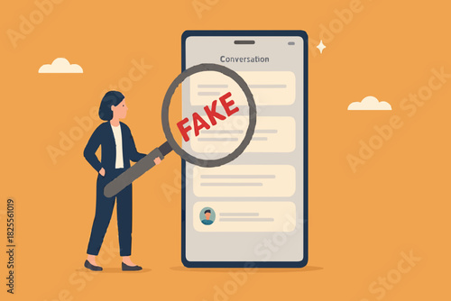 caution, lottery fraud on the internet, investment fraud or scam, fraudulent messages concept, the lure of fake gifts, businesswoman examining fraudulent messages using a magnifier