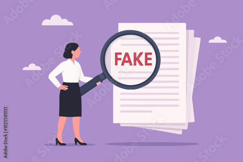 caution, lottery fraud on the internet, investment fraud or scam, fraudulent messages concept, the lure of fake gifts, businesswoman examining fraudulent messages using a magnifier