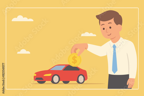 buy a car with installment, Car leasing or car loan, Businessman's hand puts gold coins into a new car concept vector illustration