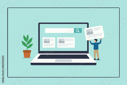 website development, create an online business site, build landing page homepage layouts for business growth, businesswoman bring web banner icons to build online site on computer laptop screen