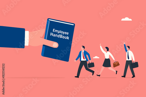 employee handbook, company introduction guidebook for new employees, business manual to achieve goal, procedure book or company rules, businessman hands handing employee handbooks to employees