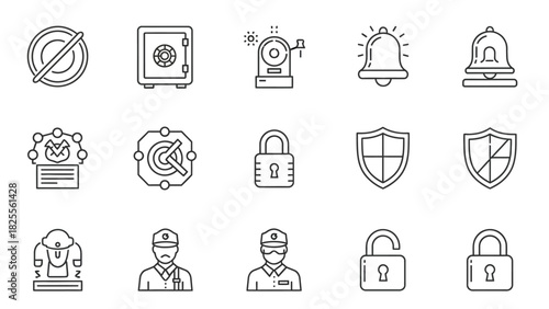 Security icons: safe, alarm, lock, shield, guard, and more in line art.
