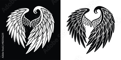A pair of stylized angel wings forming a heart shape, representing freedom, protection, and divine love, shown in black and white