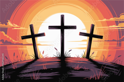 Three Crosses on a Hill at Sunset: Easter Religious Illustration of Faith, Hope, and Redemption for Church Services and Spiritual Imagery