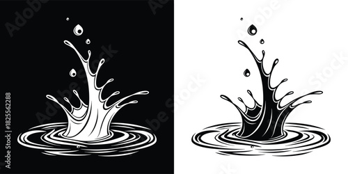 Dynamic splash of liquid creating ripples and droplets in a highspeed water impact, captured in a dramatic black and white illustration