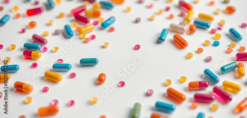 Various colorful pills scattered on a pristine white surface,  tablet,  colorful
